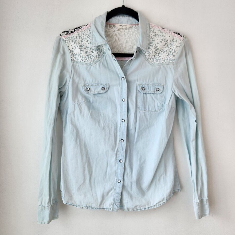 NWOT Naf Naf Paris Pearl Snap Denim Shirt Embroidered Rodeo Western Cowgirl S 34